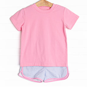 Sporting Time Seersucker Short Set, Pink