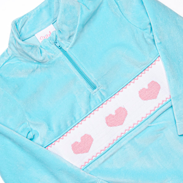 Three of Hearts Smocked Fleece Pullover, Blue