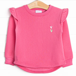 Tulip Embroidered Flutter Sleeve Sweatshirt, Pink