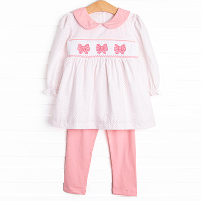 Three Bow Smocked Legging Set, Pink