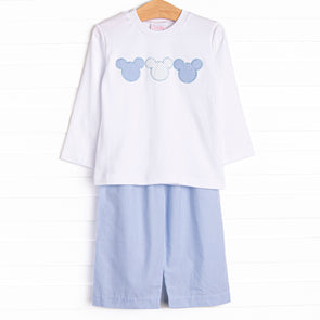 Little Mouse Trio Applique Pant Set, Blue Stripe