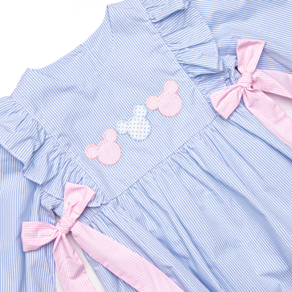 Little Mouse Trio Applique Long Sleeve Bubble, Blue Stripe