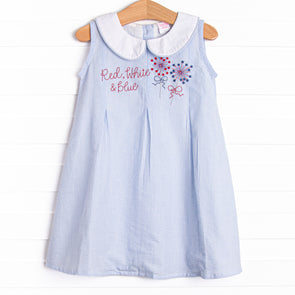 Light Up the Night Embroidered Dress, Blue Seersucker