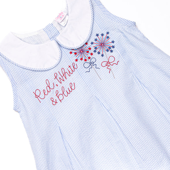 Light Up the Night Embroidered Dress, Blue Seersucker