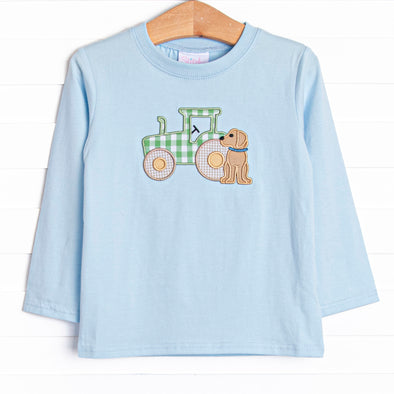 Tractor Tag Along Applique Top, Blue