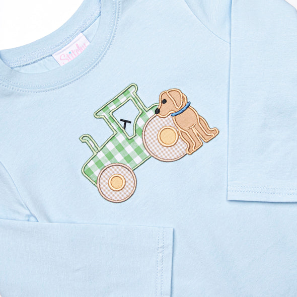 Tractor Tag Along Applique Top, Blue