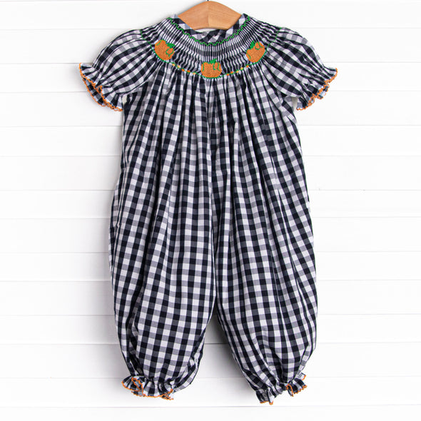 Fall Pickins Smocked Long Romper, Navy