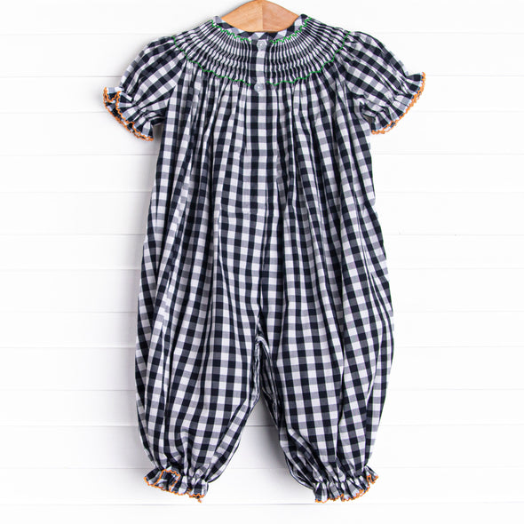 Fall Pickins Smocked Long Romper, Navy