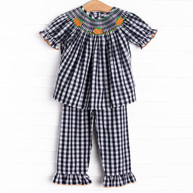 Fall Pickins Smocked Ruffle Pant Set, Navy