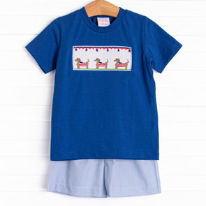 Hot Dog Holiday Smocked Short Set, Blue