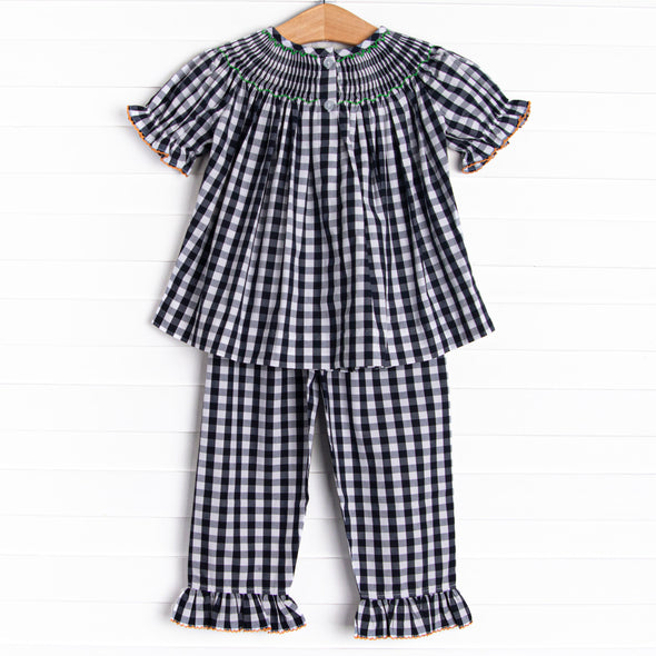 Fall Pickins Smocked Ruffle Pant Set, Navy