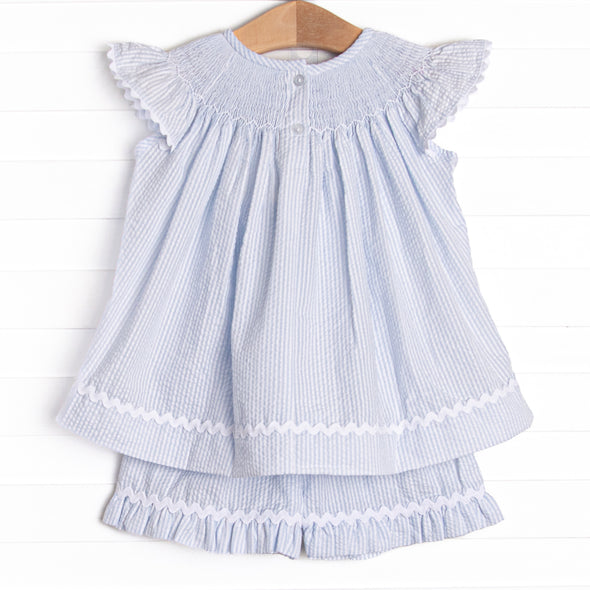 Daisies Go By Smocked Ruffle Short Set, Blue