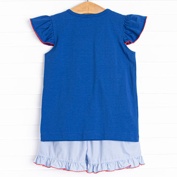 Hot Dog Holiday Smocked Ruffle Short Set, Blue