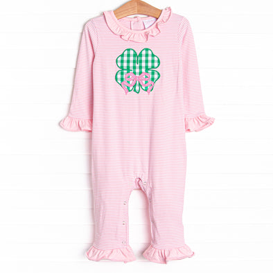 Lucky Charm Applique Ruffle Romper, Pink