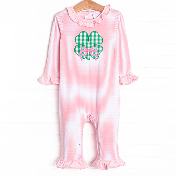 Lucky Charm Applique Ruffle Romper, Pink