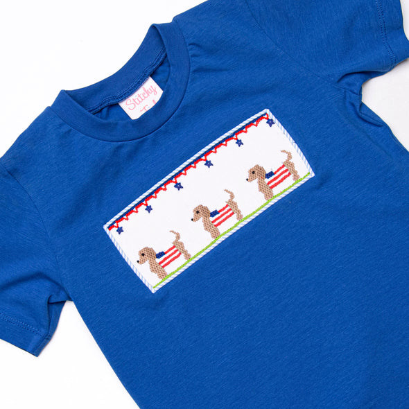 Hot Dog Holiday Smocked Short Set, Blue