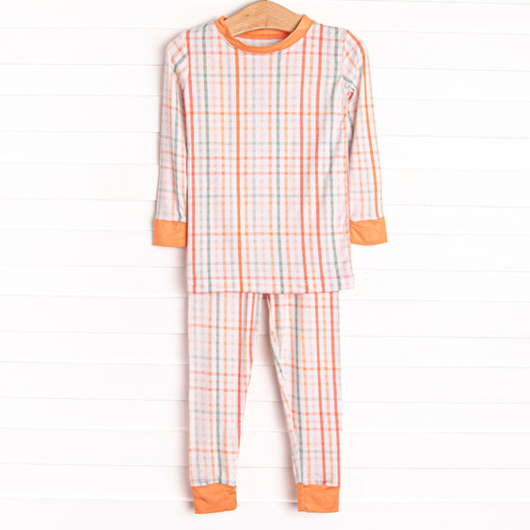 Patchwork Plaid Bamboo Pajama Set, Orange