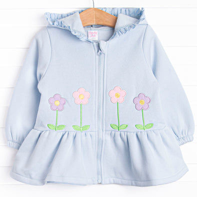 Just Bloomed Applique Zip-Up Ruffle Jacket, Blue