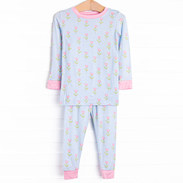 Tulip Blooms Bamboo Pajama Set, Blue