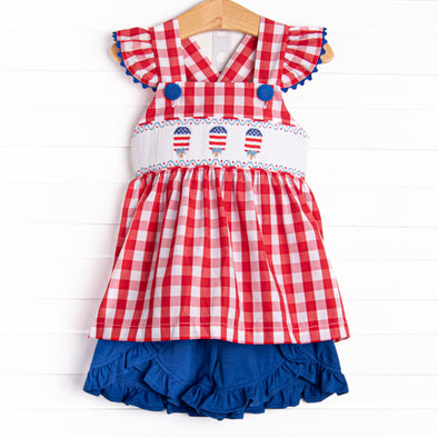 Patriotic Pops Smocked Ruffle Short Set, Red Check