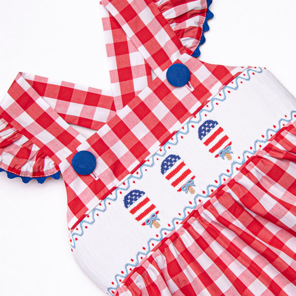 Patriotic Pops Smocked Ruffle Short Set, Red Check