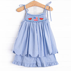 Bold and Brave BBQ Smocked Ruffle Short Set, Blue