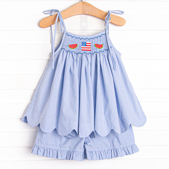 Bold and Brave BBQ Smocked Ruffle Short Set, Blue