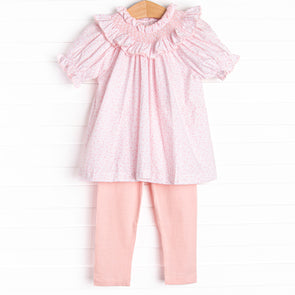 Powder Pink Petals Smocked Legging Set, Pink