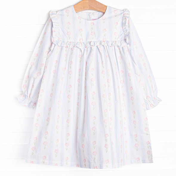 Sweet Pea Stripes Ruffle Bib Dress, Blue