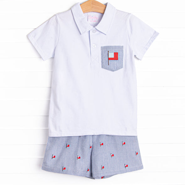 High Flying Flag Embroidered Short Set, Blue