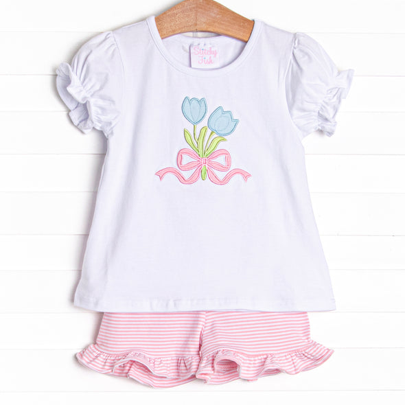 Tied Up Tulips Applique Ruffle Short Set, Pink