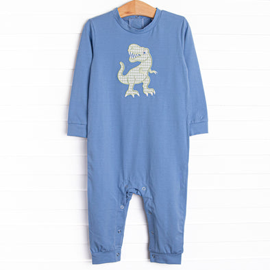 T-Rex Terror Applique Romper, Blue