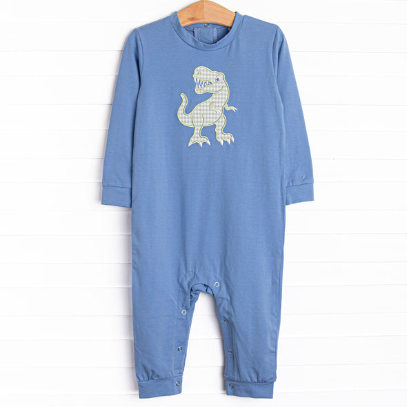 T-Rex Terror Applique Romper, Blue