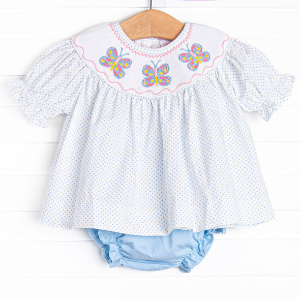 Bye Bye Butterfly Smocked Diaper Set, Blue