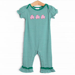 Lucky Trio Applique Romper, Green