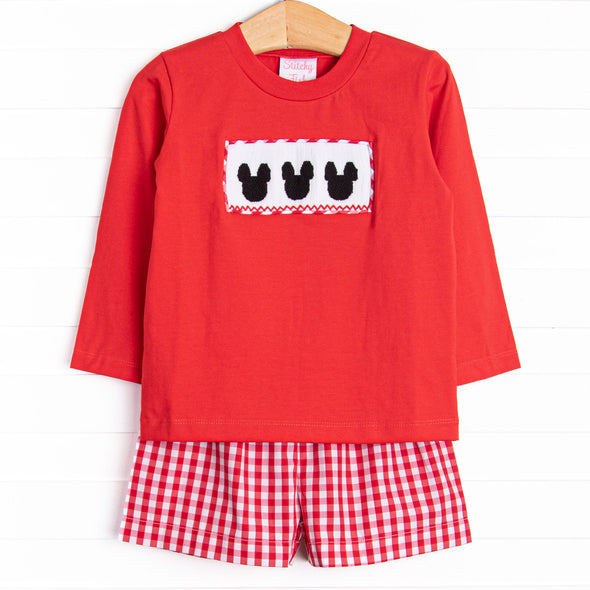 Clubhouse Mouse Smocked Long Sleeve Short Set, Red