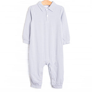 Levi Long Romper, Slate Blue Stripe