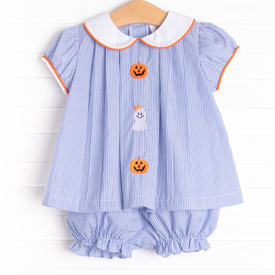 Friendly Ghost Embroidered Bloomer Set, Blue