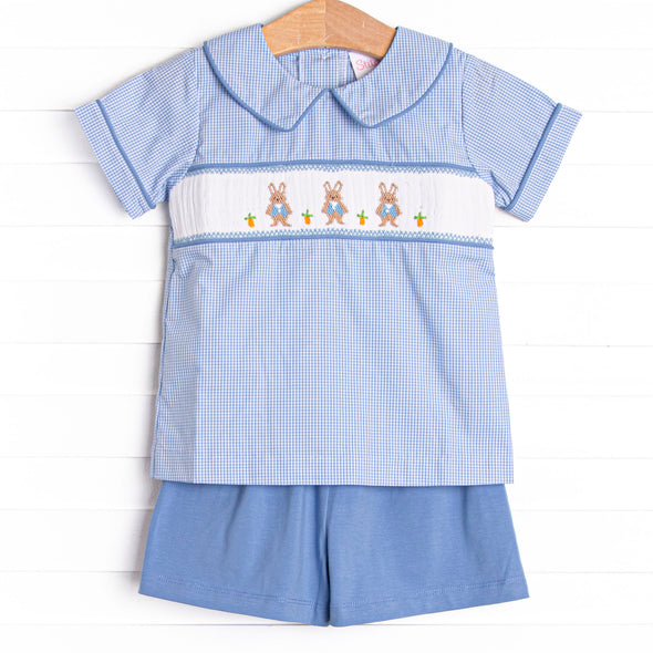 Peter Cottontail Smocked Short Set, Blue Gingham