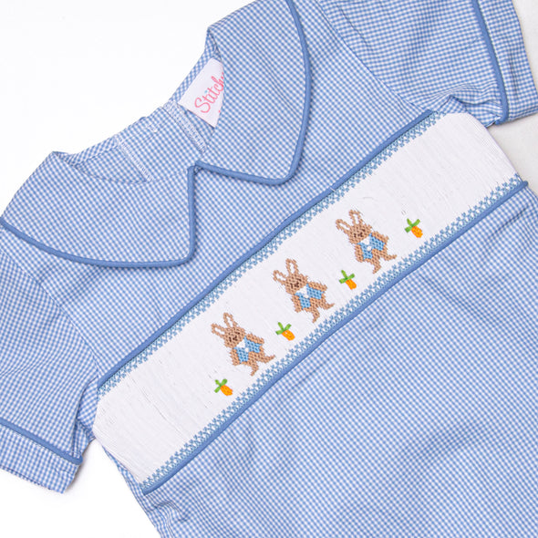 Peter Cottontail Smocked Short Set, Blue Gingham