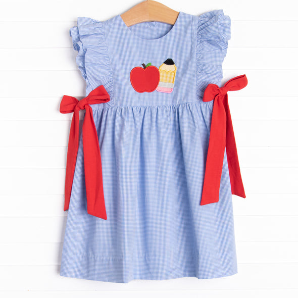 Back to School Applique Side Tie Dress, Blue Gingham