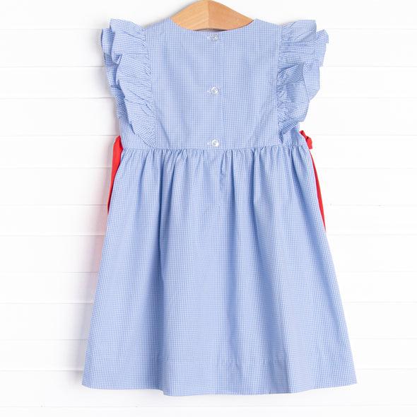 Back to School Applique Side Tie Dress, Blue Gingham