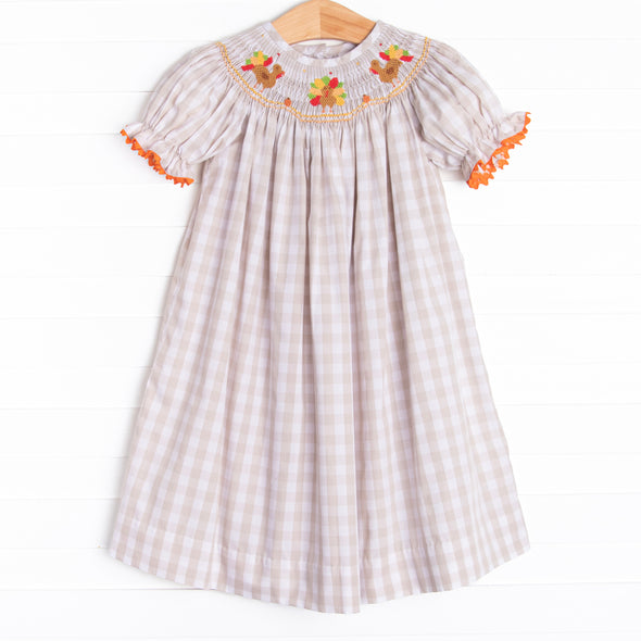 Thanksgiving Tradition Smocked Bishop Dress, Tan