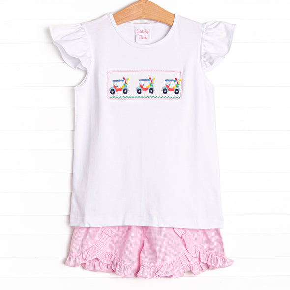 Gone Golfin' Smocked Ruffle Short Set, Pink Gingham