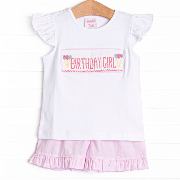 Birthday Girl Smocked Short Set, Pink