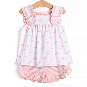 Watercolor Whales Ruffle Short Set, Pink