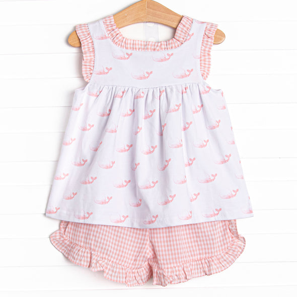 Watercolor Whales Ruffle Short Set, Pink