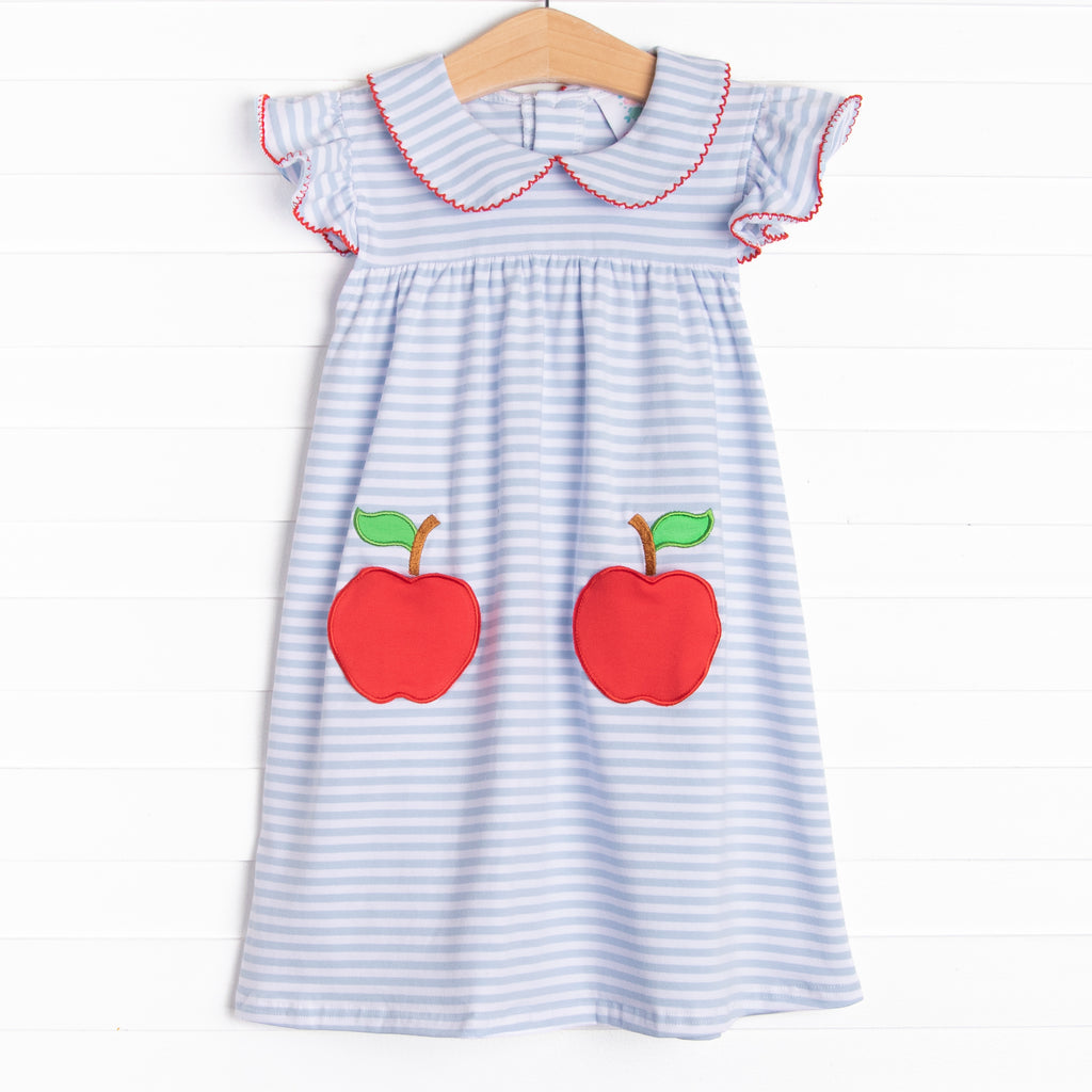 An Apple a Day Applique Dress, Blue Stripe – Stitchy Fish