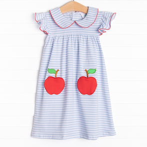 An Apple a Day Applique Dress, Blue Stripe