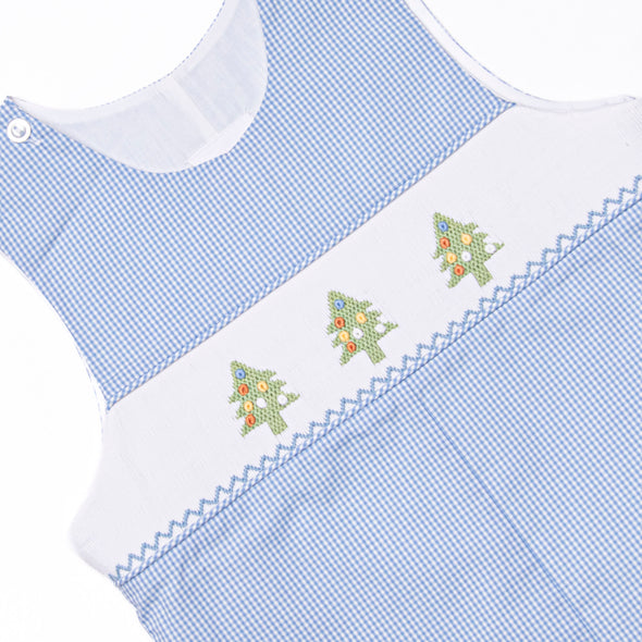 Christmas Tree Trio Smocked Jon Jon, Blue Gingham